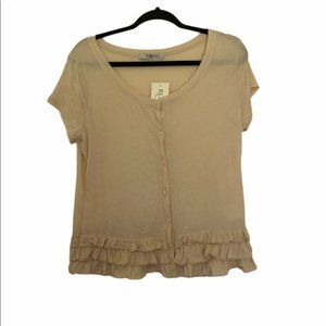 Romy | Button Front Short Sleeve Frilly Shirt | Ruffles | Tan | NWT | Large